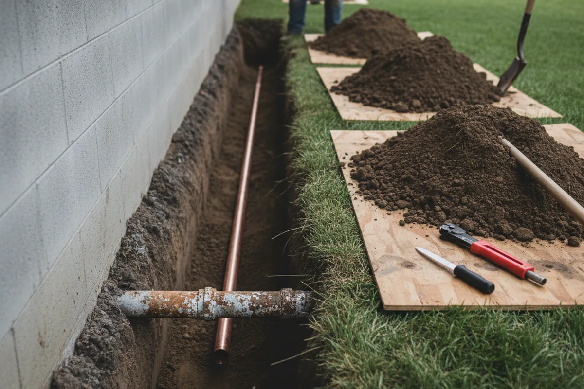 Excavated water line trench during Water Softener Installation in Holloway